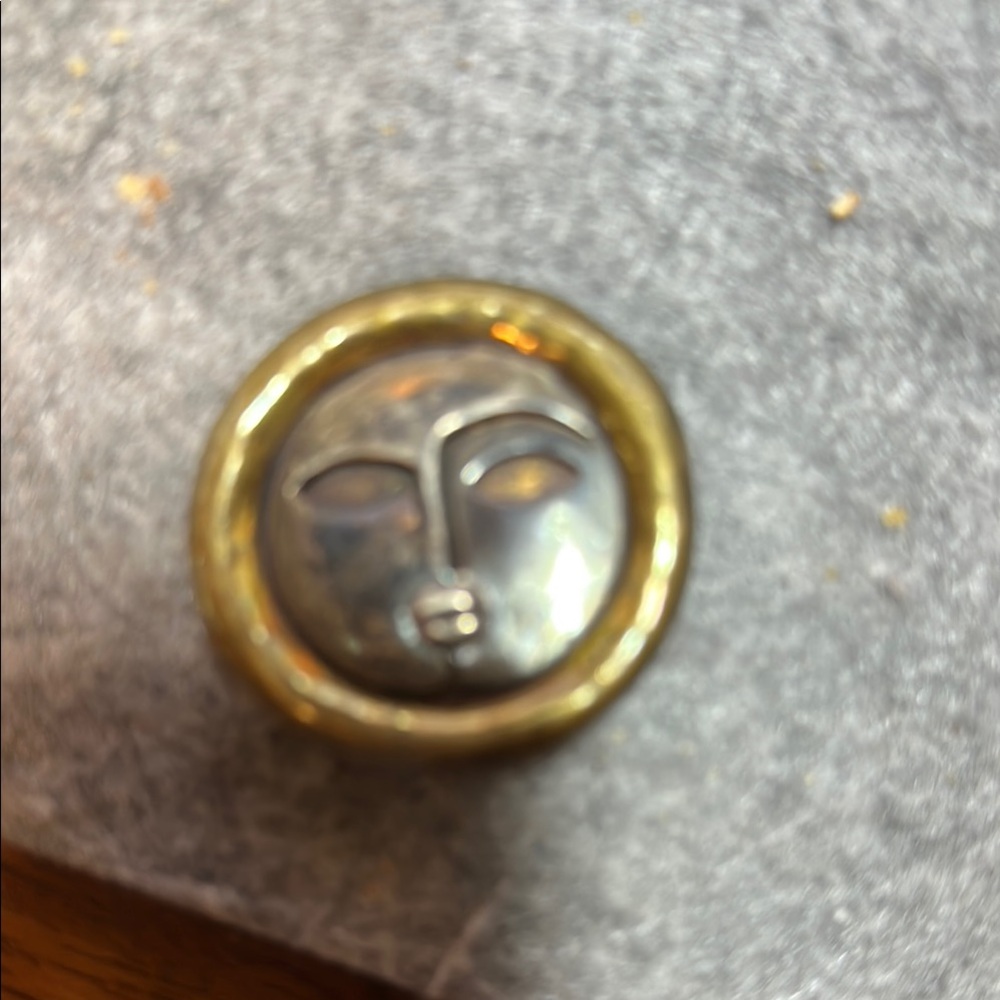 Vintage Modernist Abstract Moon Face Sterling Silver and Brass Brooch
